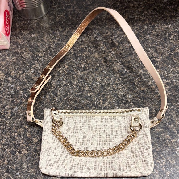 Michael Kors Handbags - Michael Kors Beige Monogram Crossbody with Gold Chain